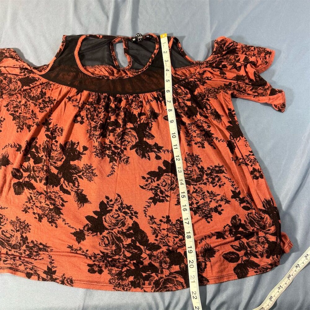 Try! This Women Floral Cold Shoulder Mesh Yoke Top Burnt Orange Black Large - Picture 7 of 8
